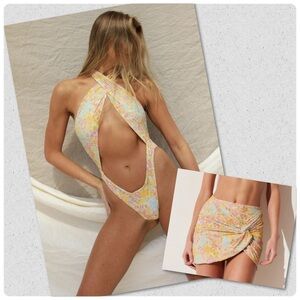 NWT Stone Fox Swim Azalea One Piece and Selma Sarong in Flower Fields print